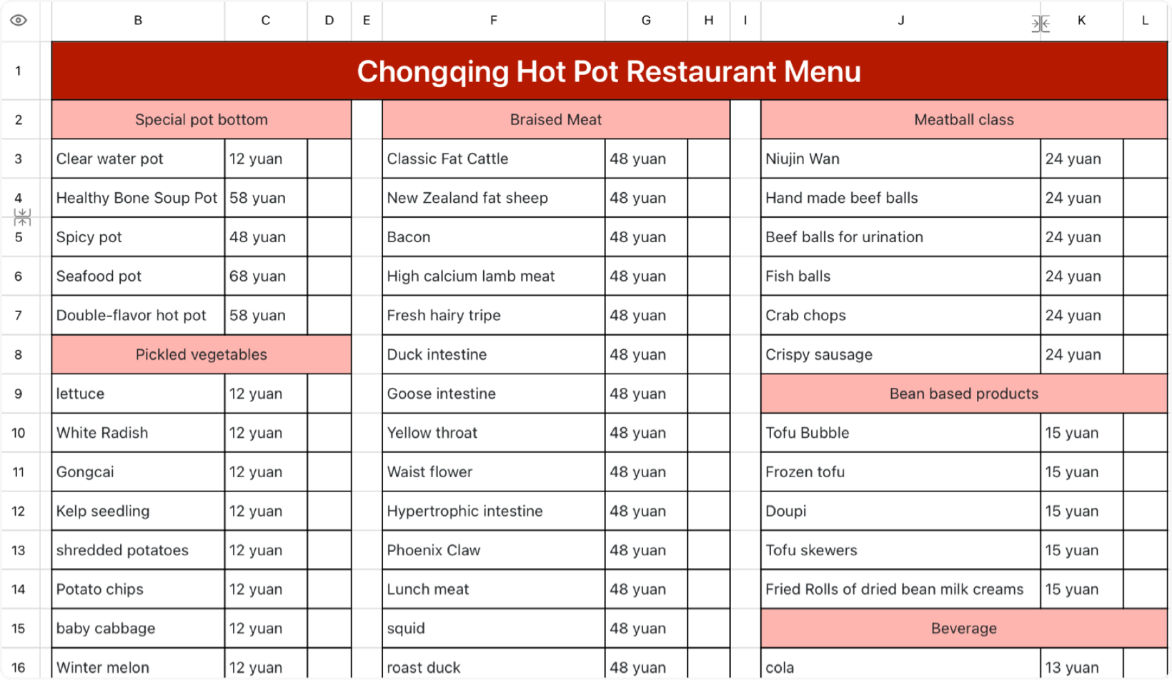 Chongqing hot pot restaurant menu 1